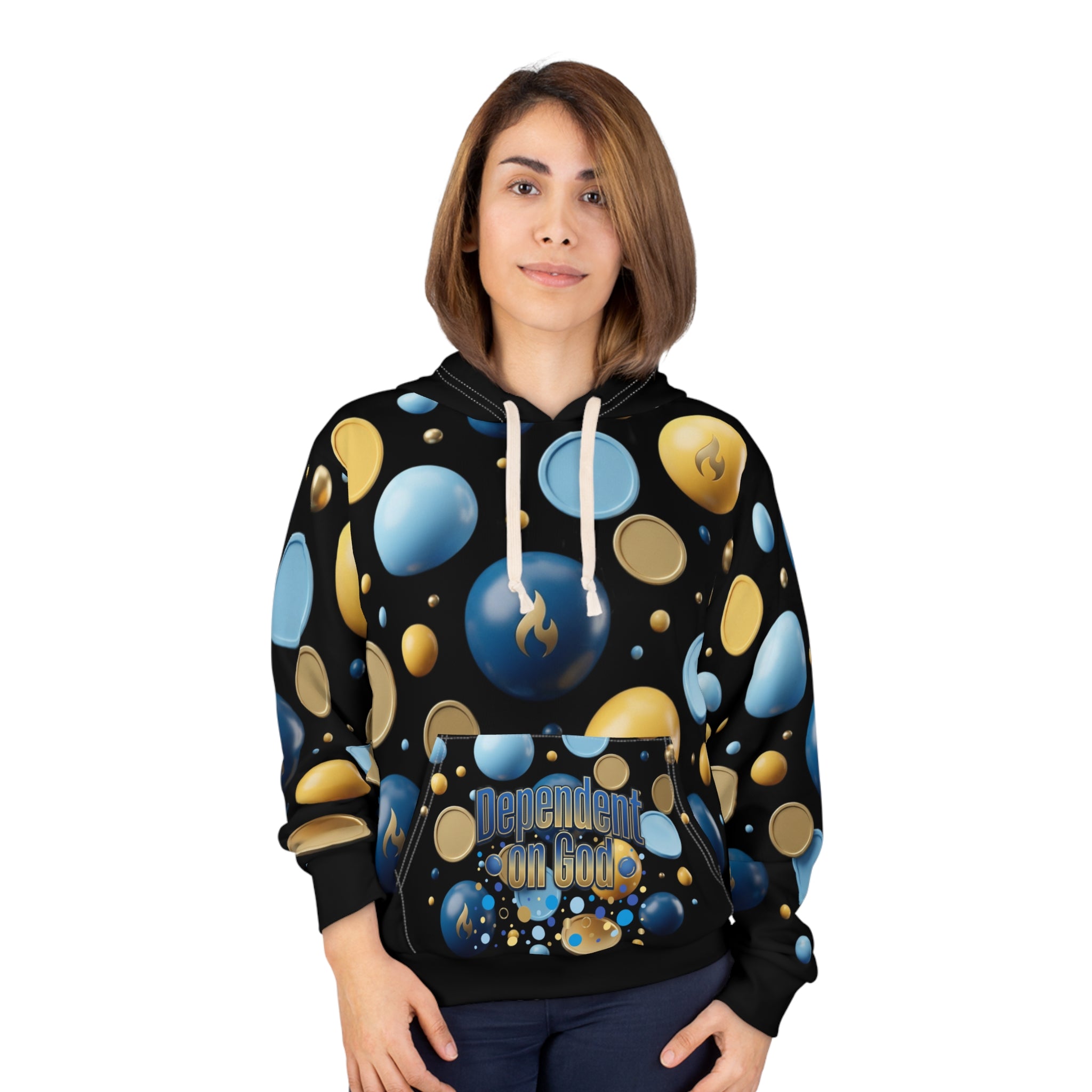 "Dependent on God" Blue & Gold Bubble Print Pullover Hoodie — Unisex Graphic Sweatshirt