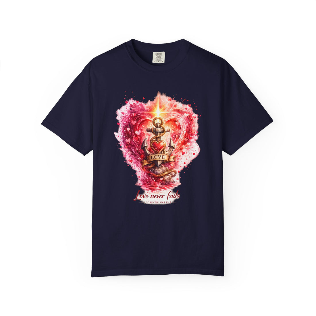 "Love Never Fails" Anchor Heart Graphic Tee — Unisex Cotton T-Shirt