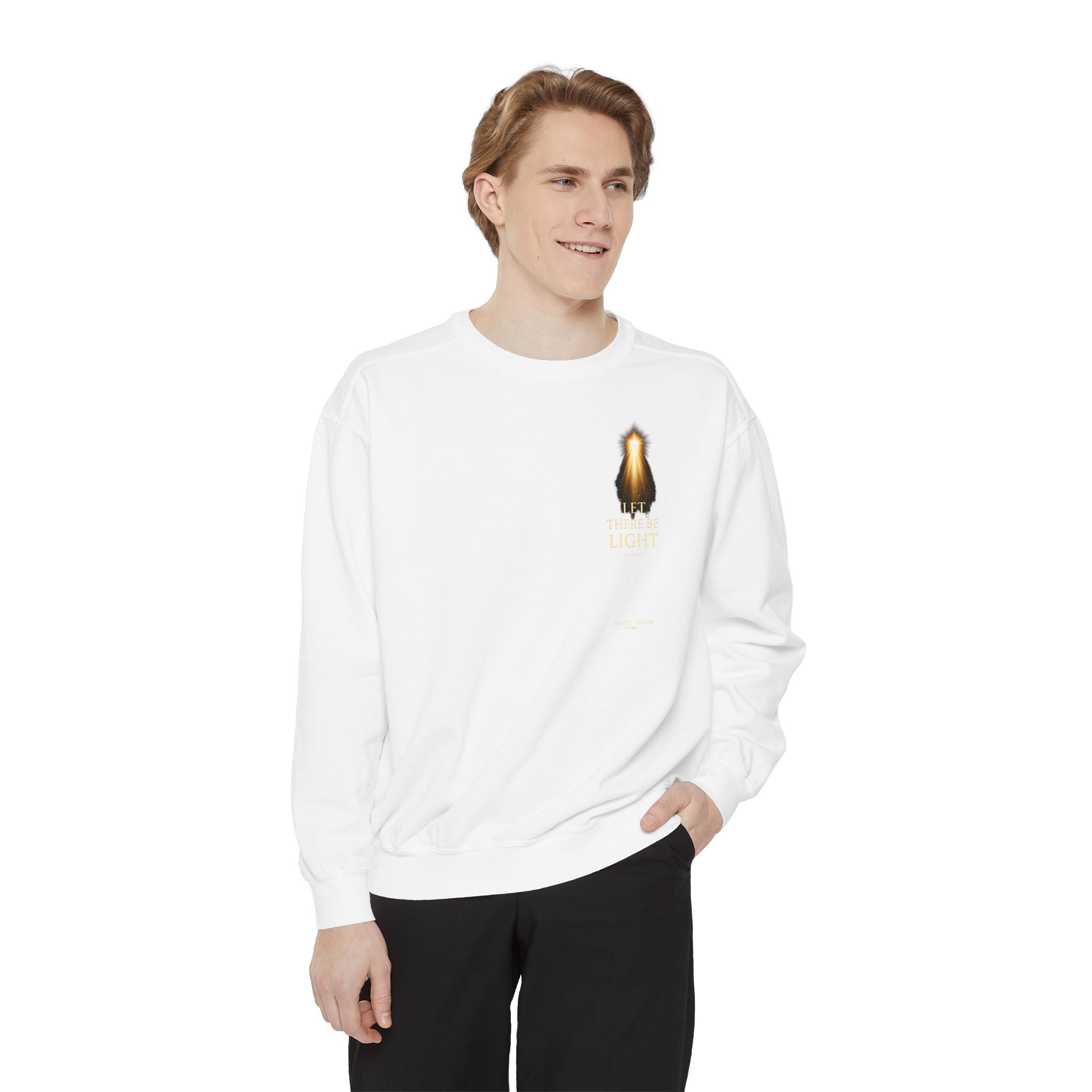 "Let There Be Light" Genesis 1:3 Graphic Crewneck Sweatshirt — Unisex Cozy Fleece Pullover