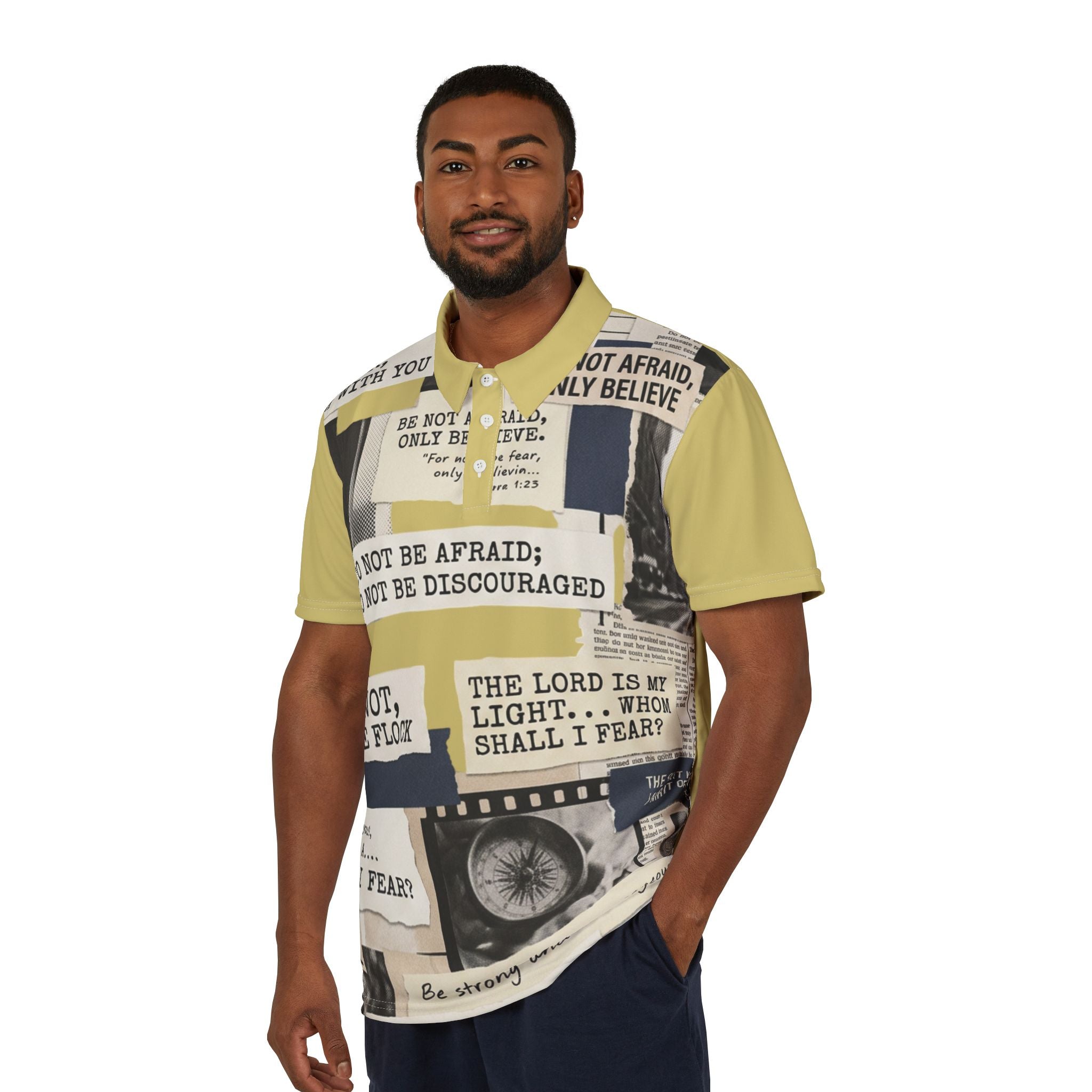 "Do Not Be Afraid" Scripture Collage Graphic Polo Shirt — Unisex