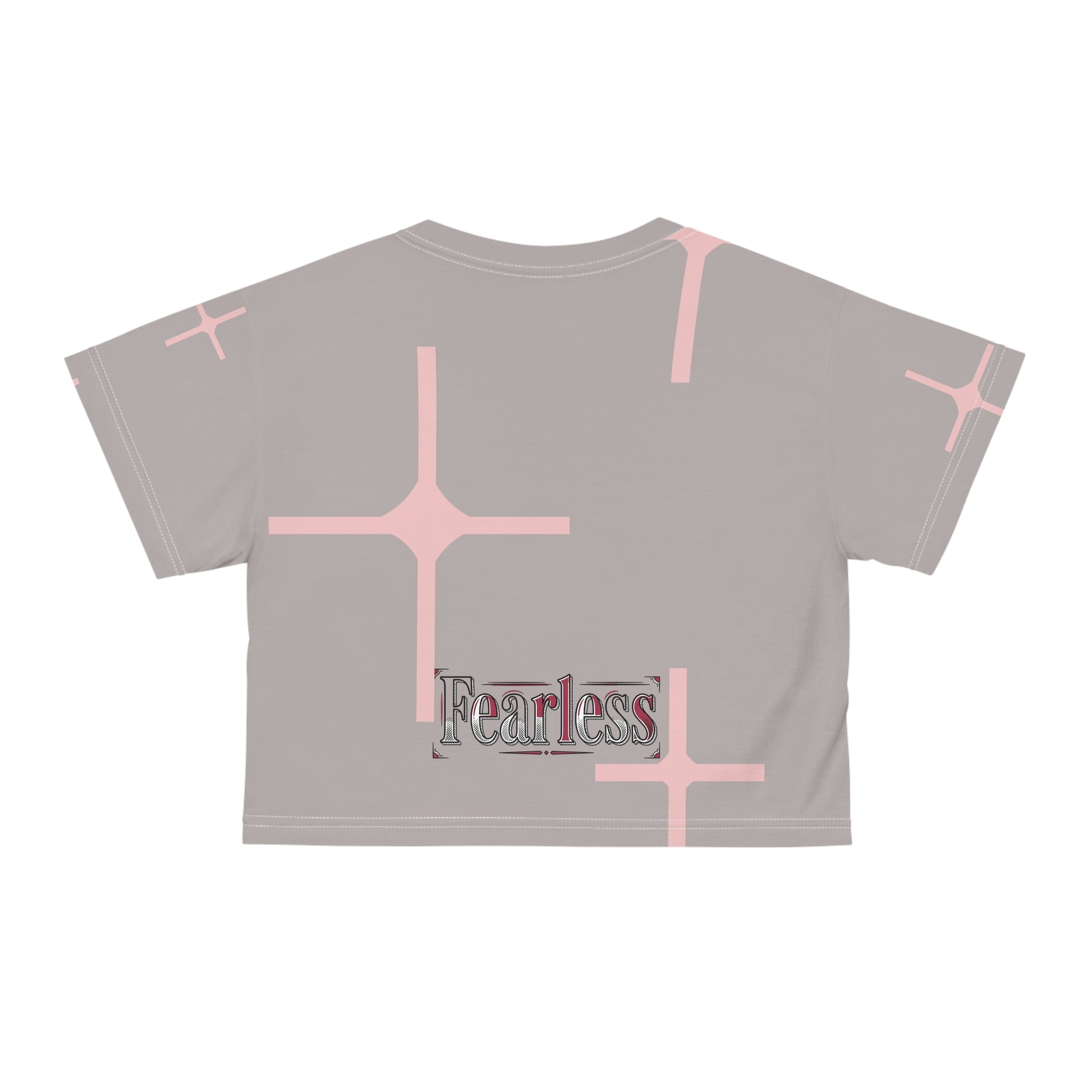 Pink cross graphic crop tee for women featuring a &
