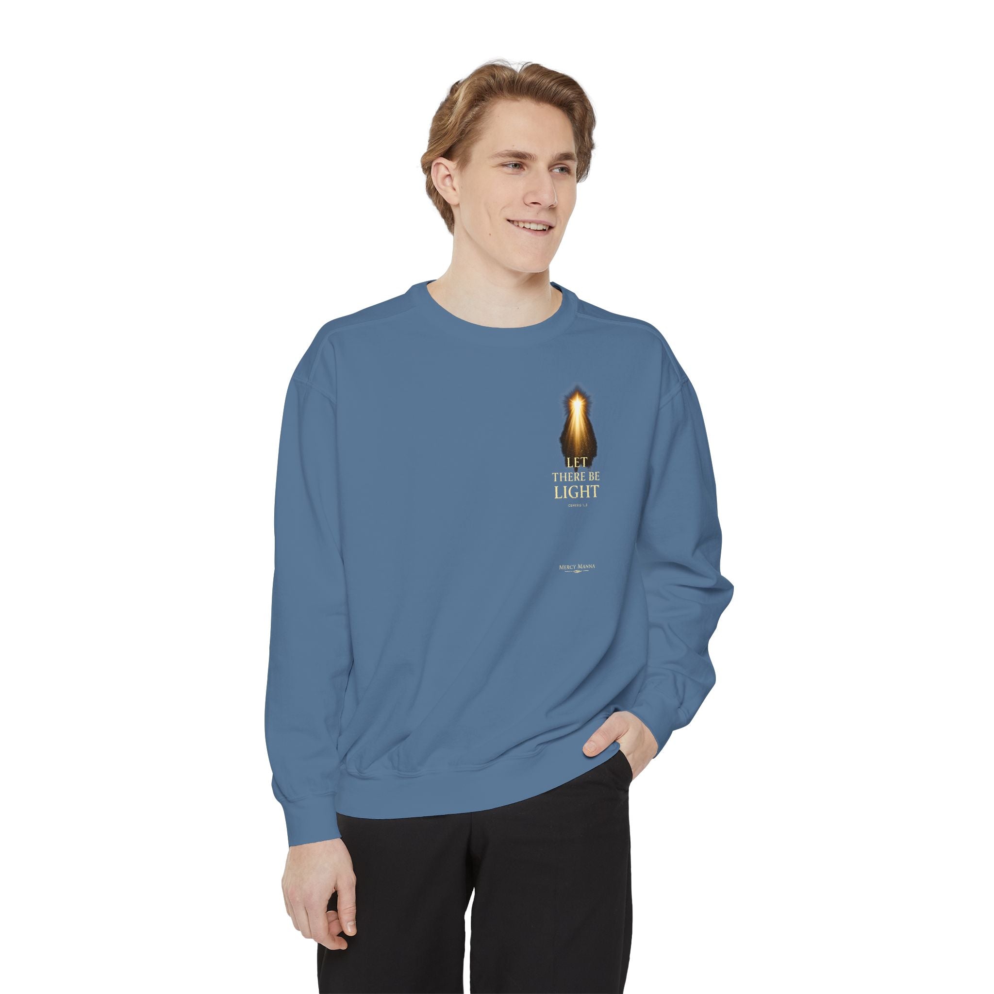 "Let There Be Light" Genesis 1:3 Graphic Crewneck Sweatshirt — Unisex Cozy Fleece Pullover