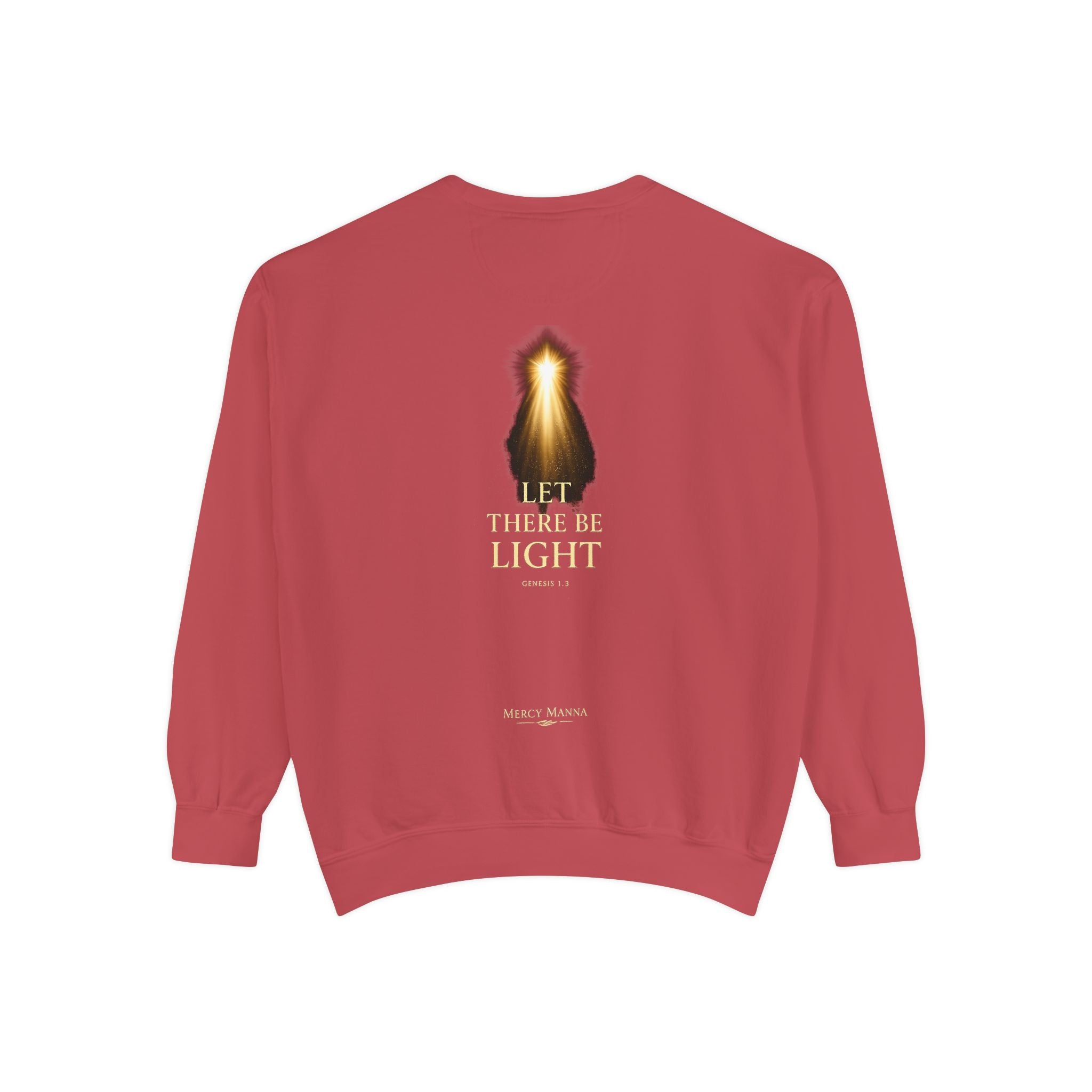 "Let There Be Light" Genesis 1:3 Graphic Crewneck Sweatshirt — Unisex Cozy Fleece Pullover