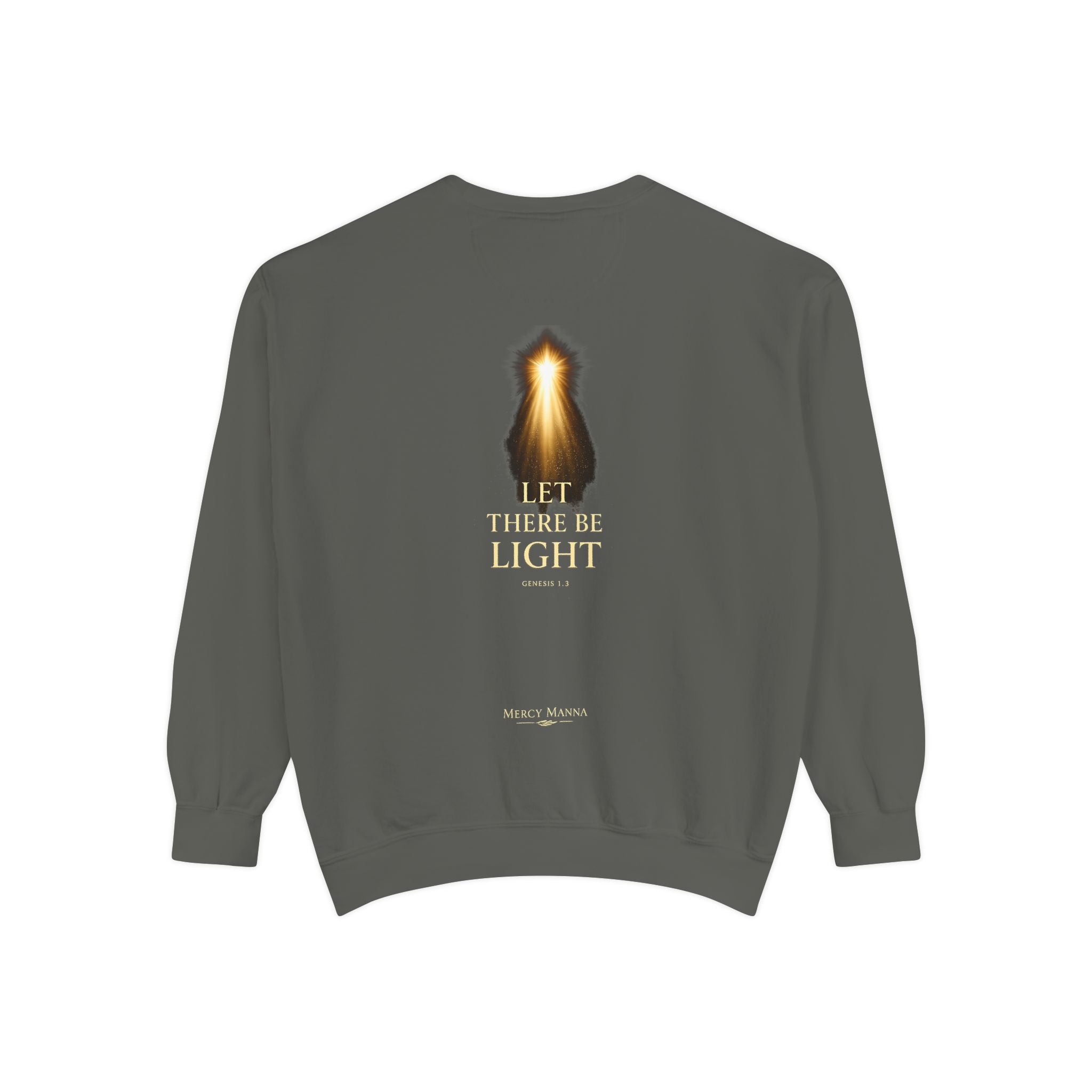 "Let There Be Light" Genesis 1:3 Graphic Crewneck Sweatshirt — Unisex Cozy Fleece Pullover