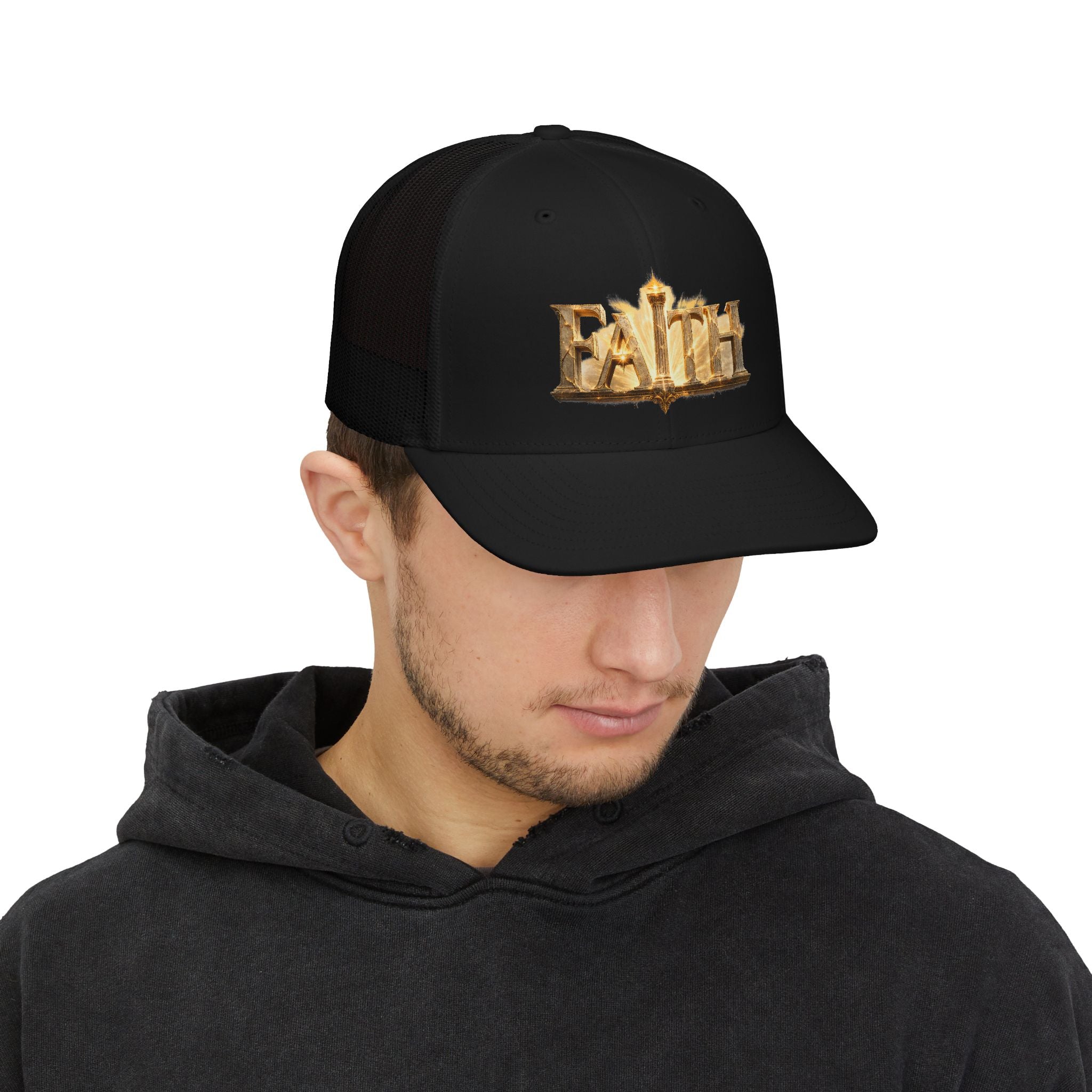 "Faith" Gold Embossed Trucker Cap — Adjustable Snapback Hat