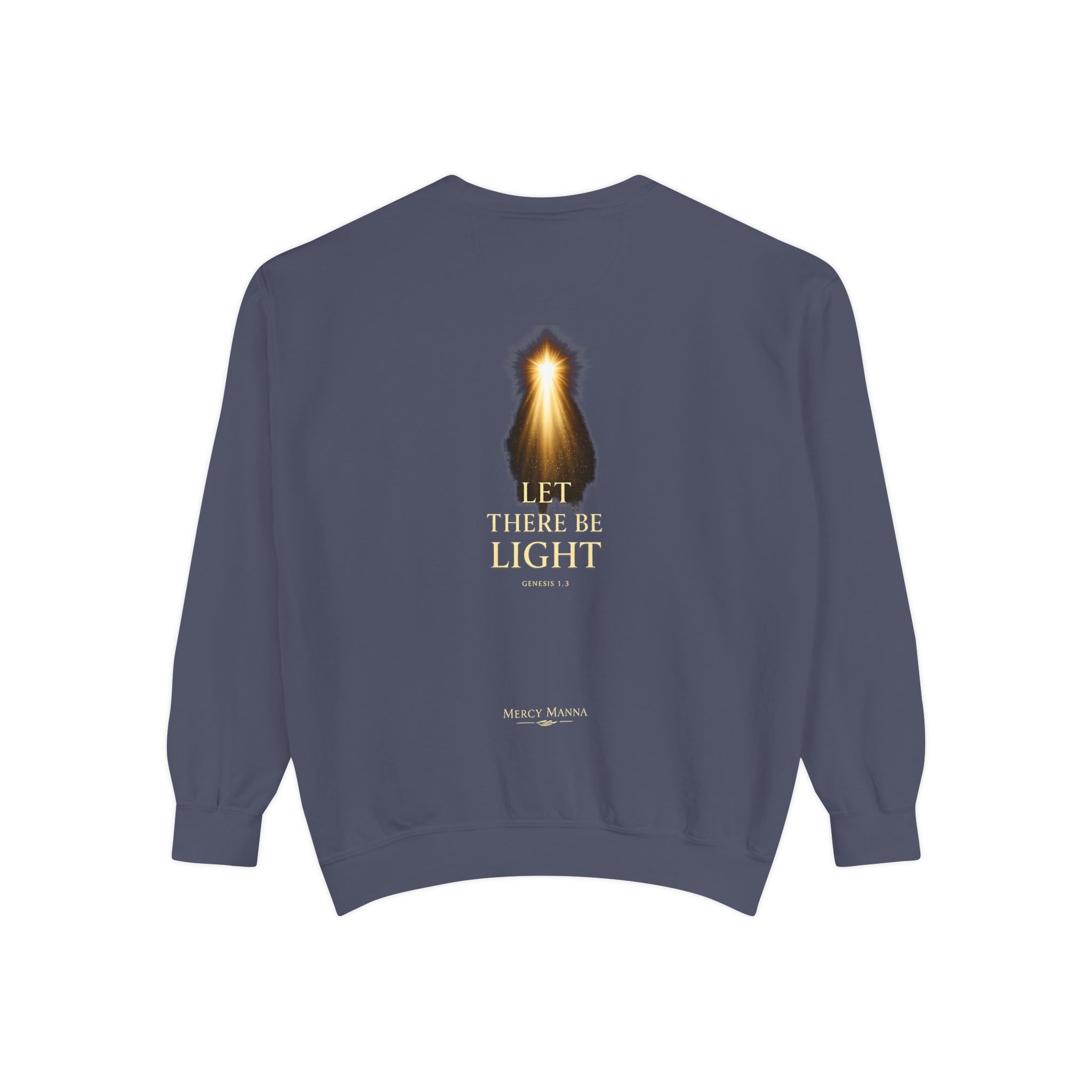 "Let There Be Light" Genesis 1:3 Graphic Crewneck Sweatshirt — Unisex Cozy Fleece Pullover
