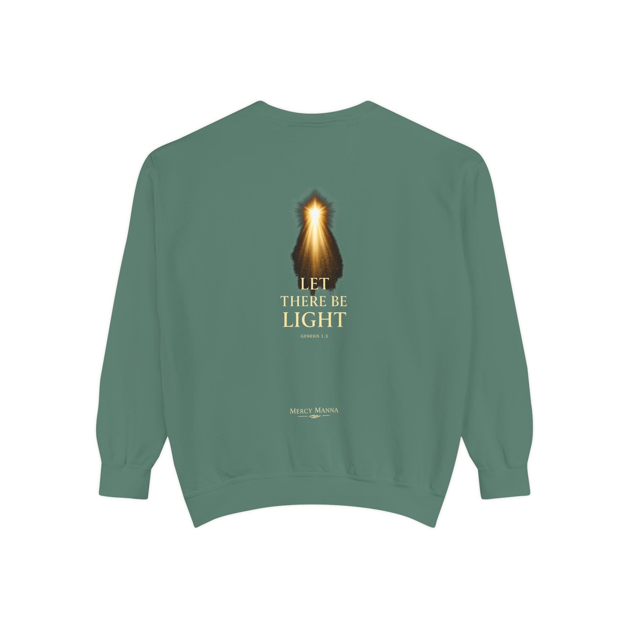 "Let There Be Light" Genesis 1:3 Graphic Crewneck Sweatshirt — Unisex Cozy Fleece Pullover
