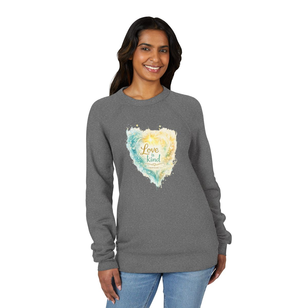 "Love Is Kind" Watercolor Heart Crewneck Sweatshirt — Unisex Graphic Pullover