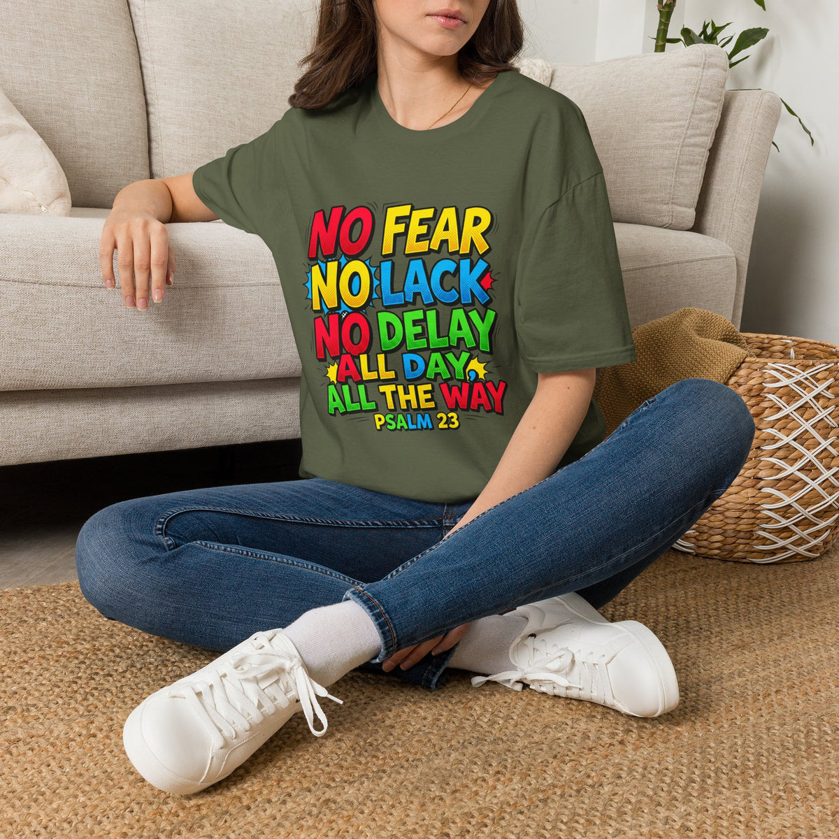 No Fear No Lack No Delay Tee — Psalm 23 Christian T-Shirt
