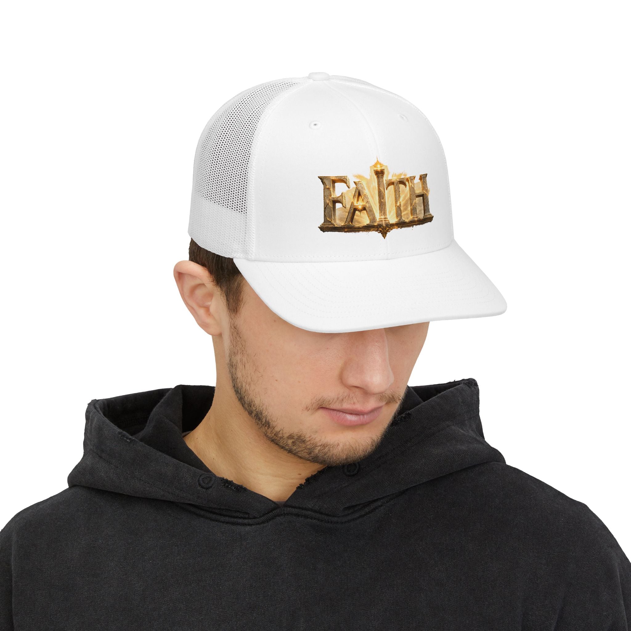 "Faith" Gold Embossed Trucker Cap — Adjustable Snapback Hat