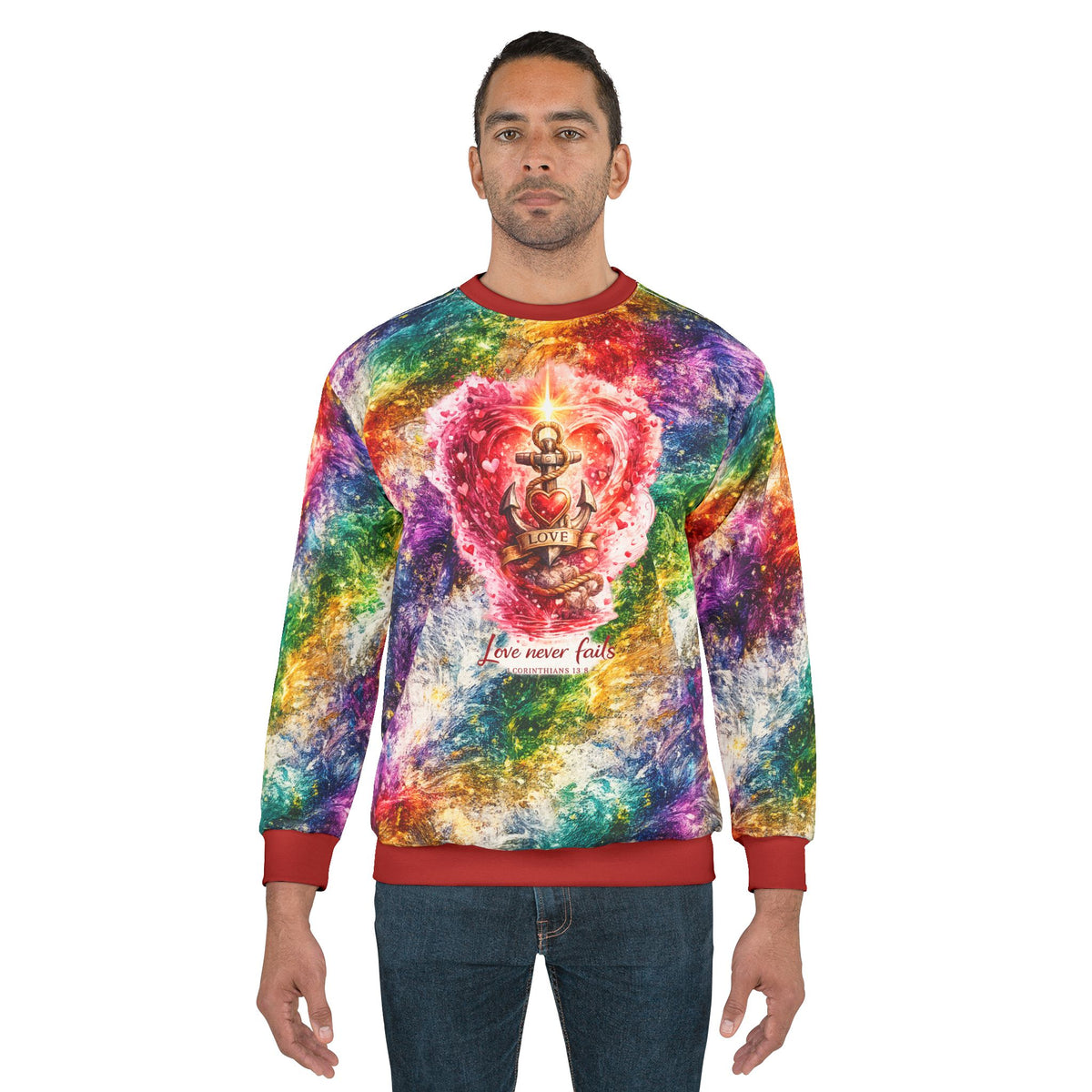 Tie-Dye Heart Anchor Sweatshirt — "Love Never Fails" Colorful All-Over Print