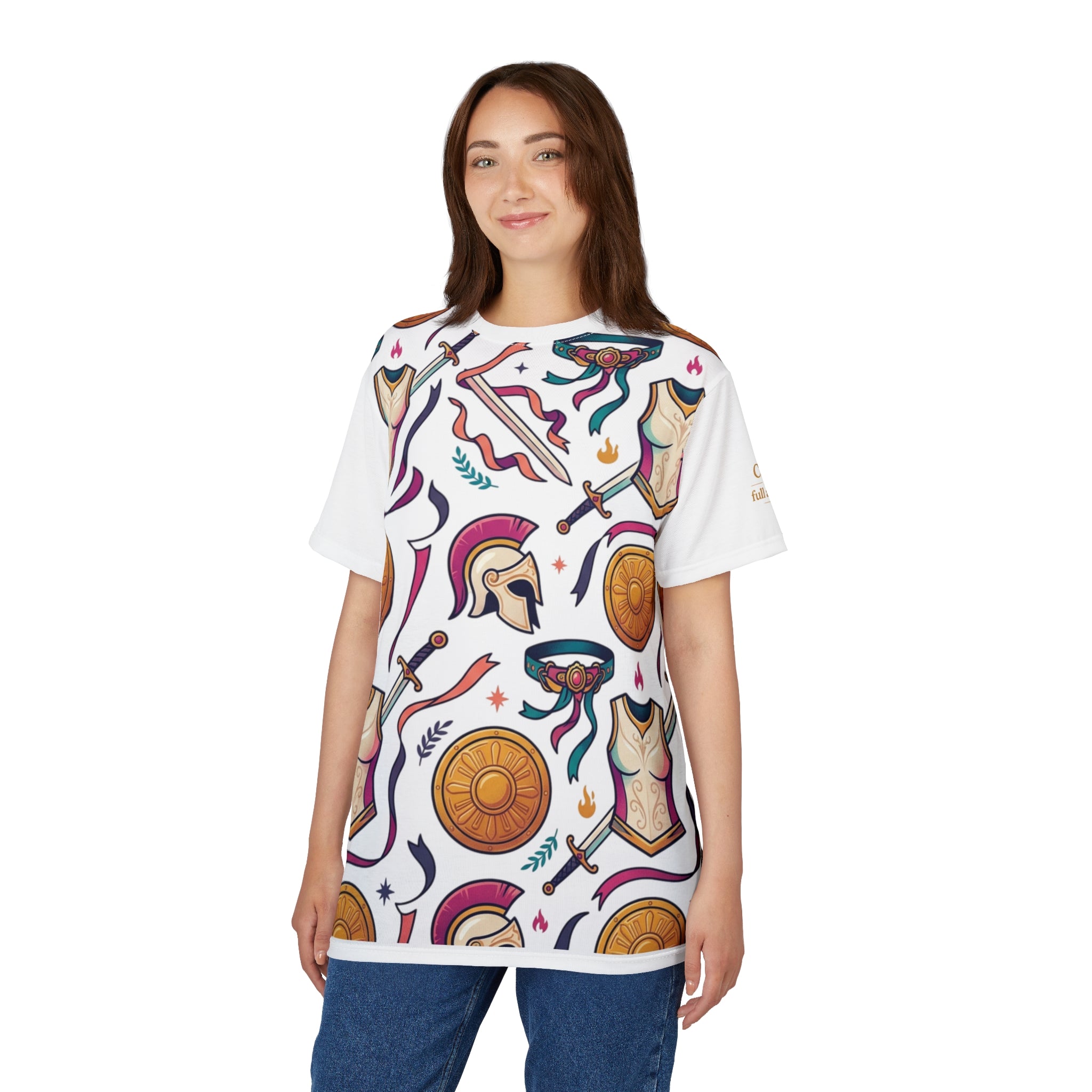 Greek Helmet, Shield & Sword All-Over Print Tee — Unisex Graphic T-Shirt