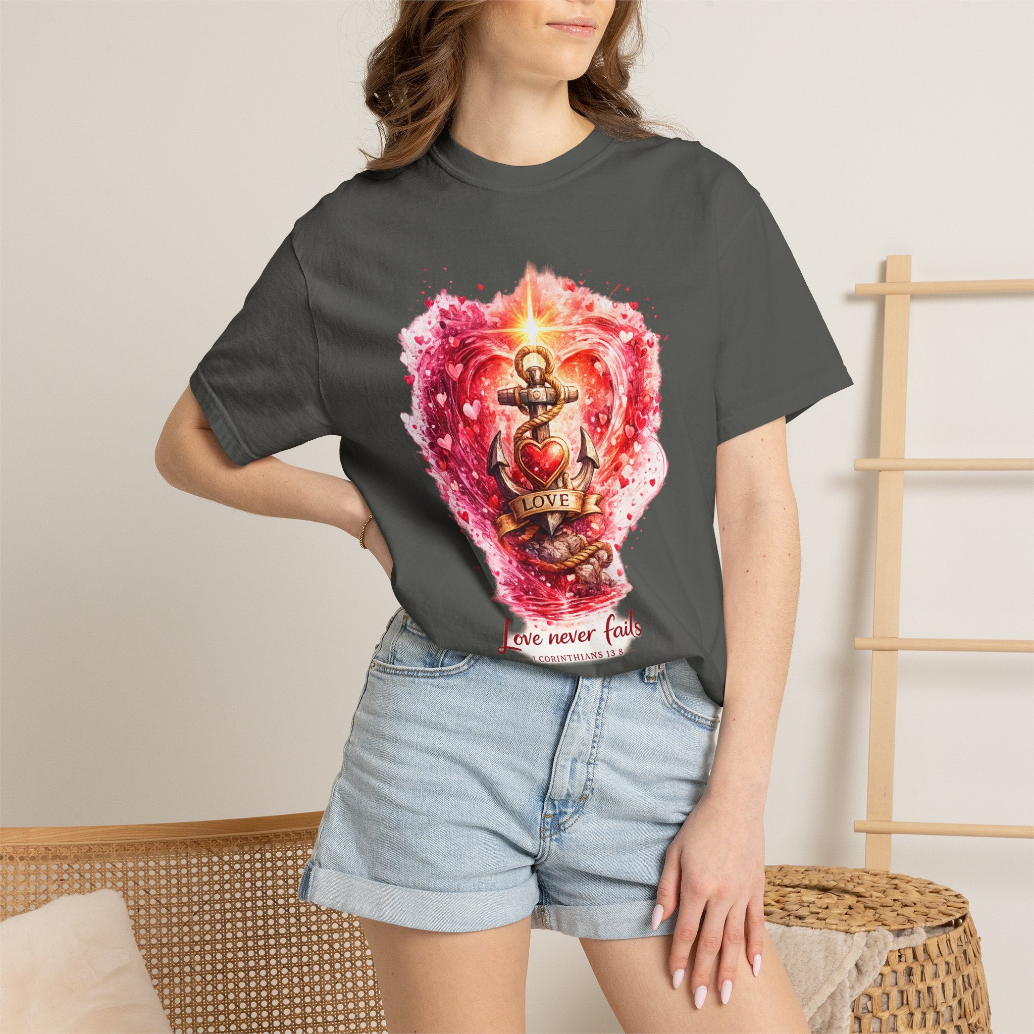 "Love Never Fails" Anchor Heart Graphic Tee — Unisex Cotton T-Shirt
