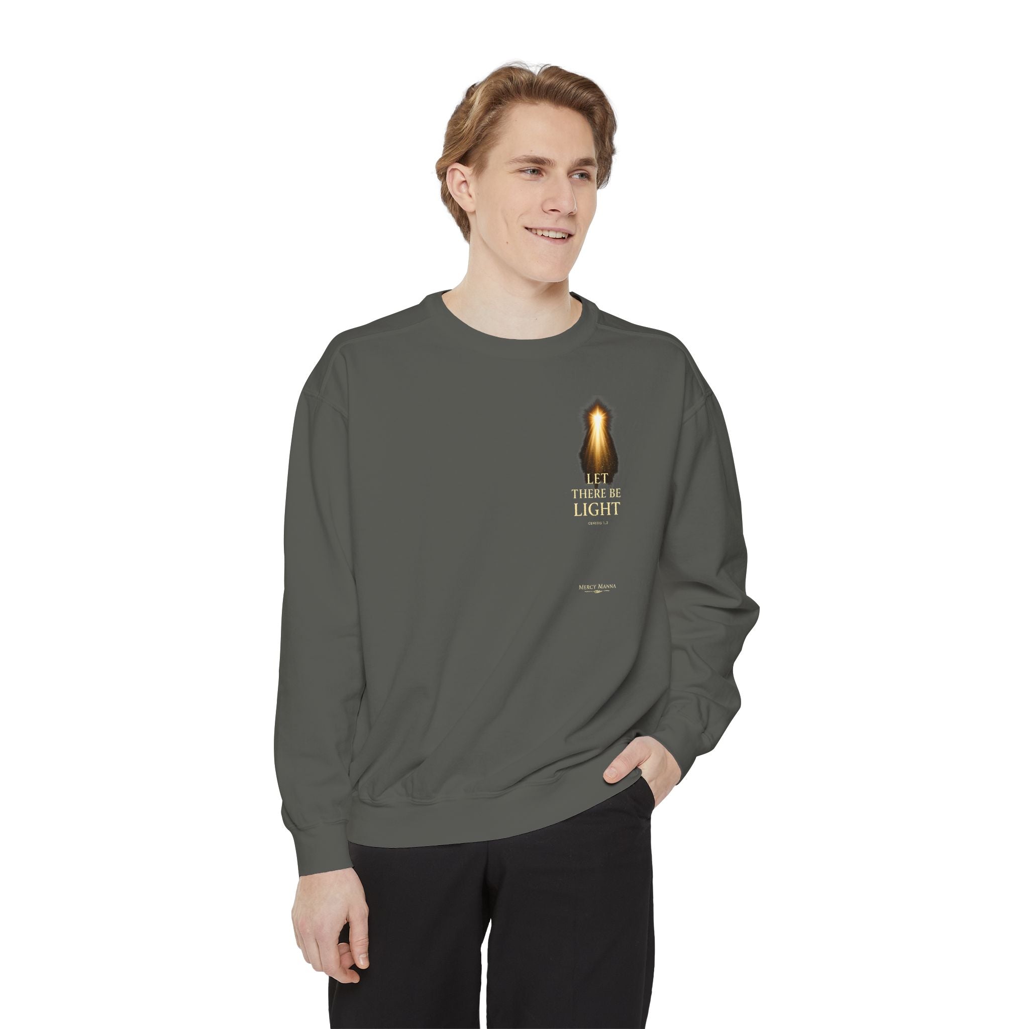 "Let There Be Light" Genesis 1:3 Graphic Crewneck Sweatshirt — Unisex Cozy Fleece Pullover