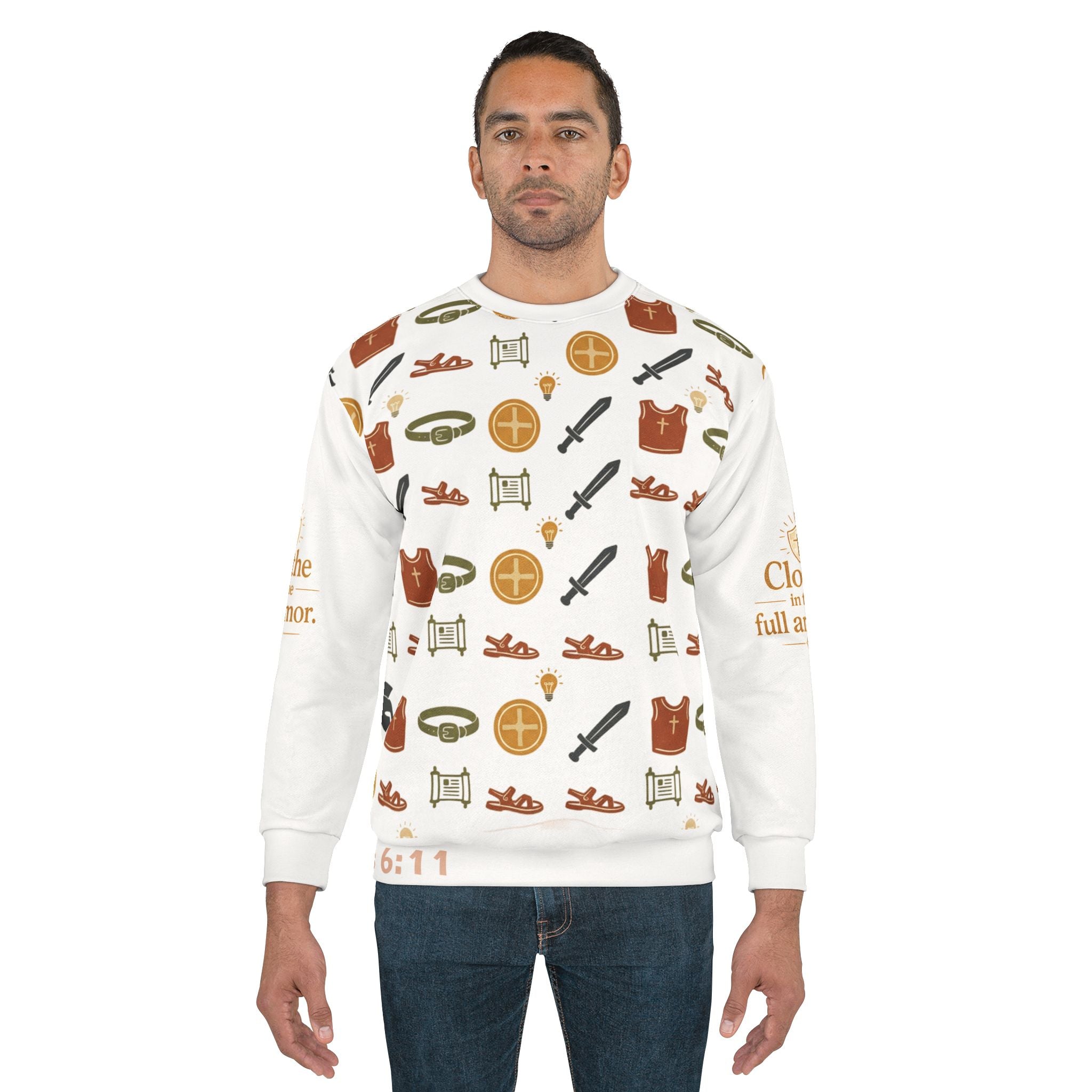 Armor & Shield All-Over Print Crewneck Sweatshirt — Unisex Graphic Pullover