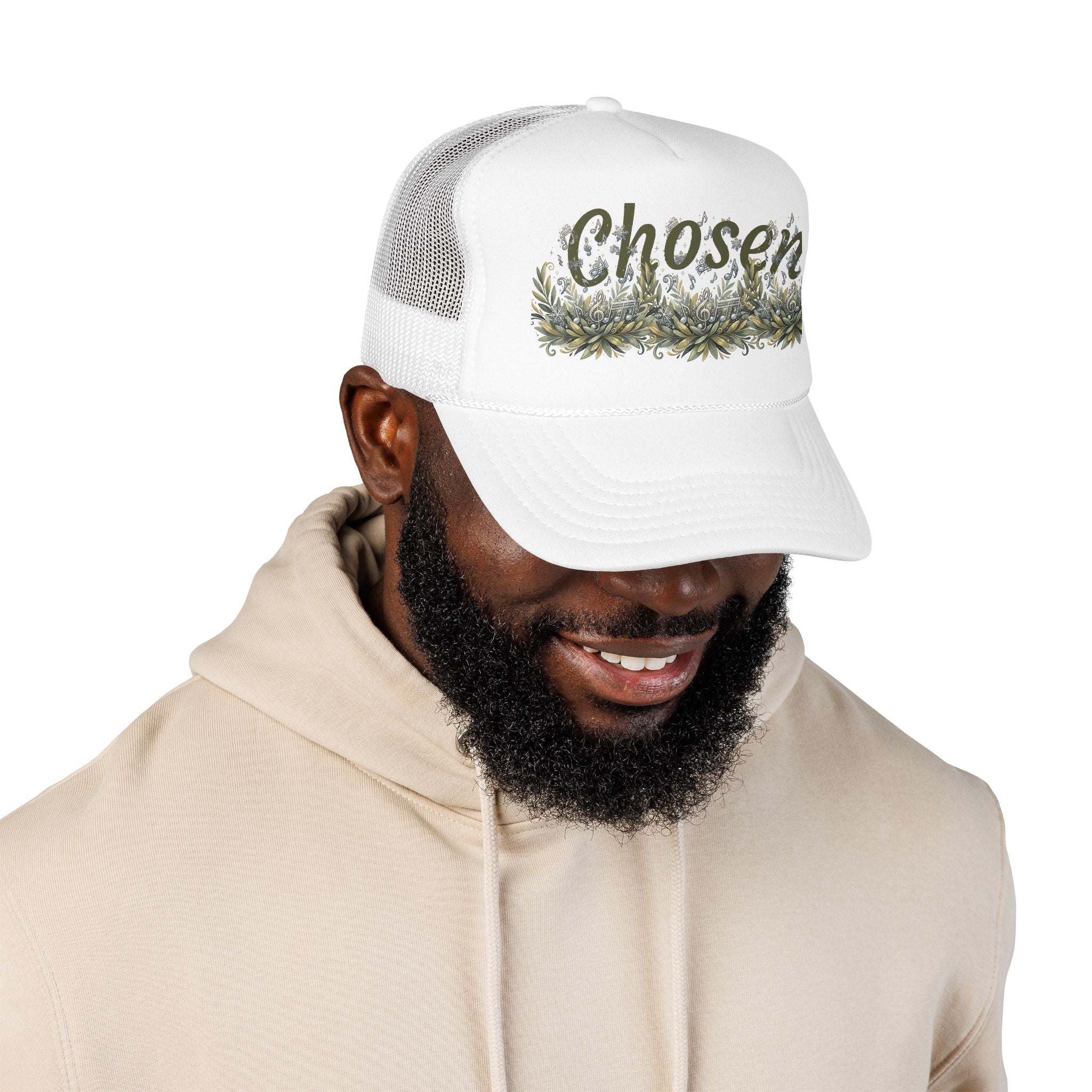 "Chosen" Floral Script Embroidered Trucker Hat — Adjustable Foam Cap