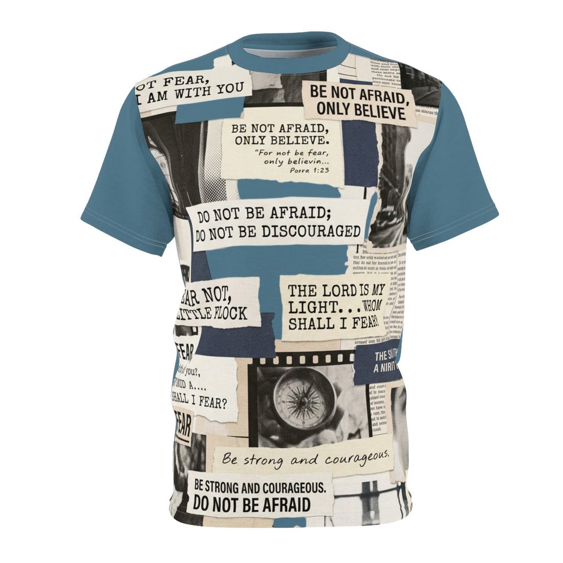 "Do Not Be Afraid" Scripture Collage All-Over Print Tee — Unisex Graphic T-Shirt