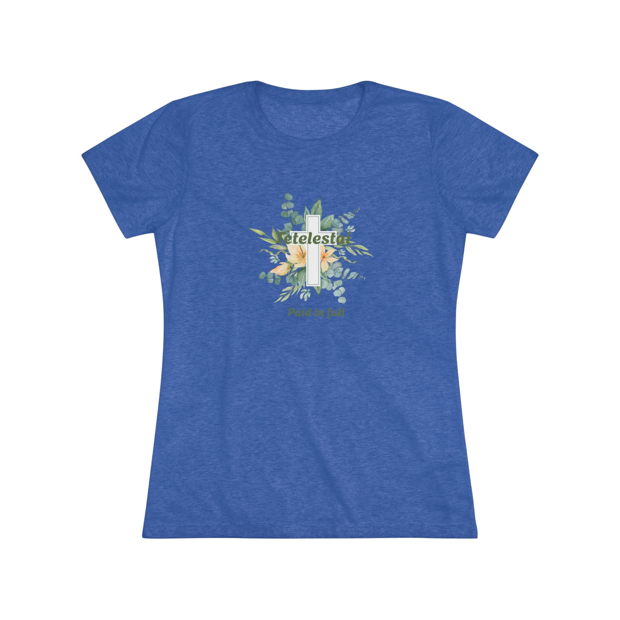 Christian Women's Tee — "Paid in Full" Tetelestai Floral Cross Faith T-Shirt