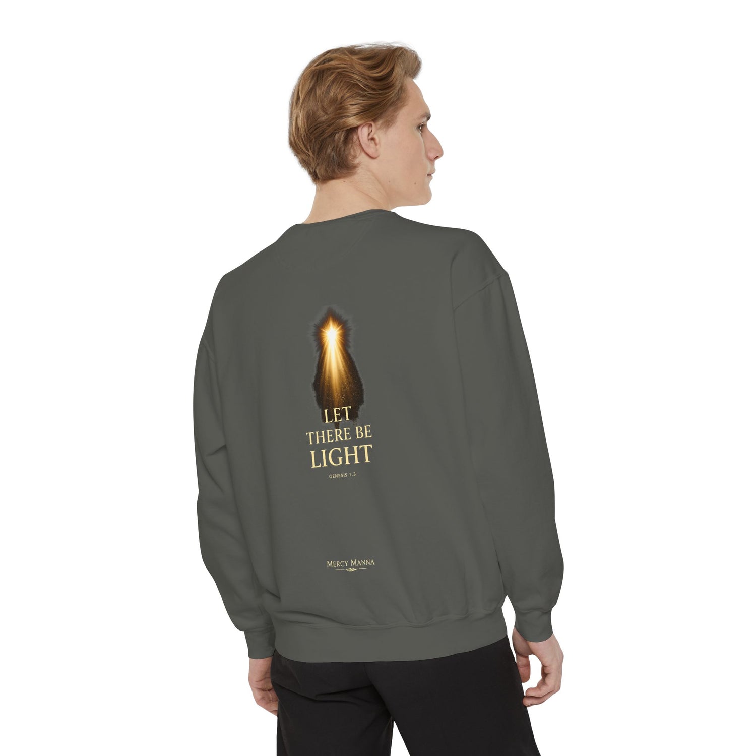 "Let There Be Light" Genesis 1:3 Graphic Crewneck Sweatshirt — Unisex Cozy Fleece Pullover