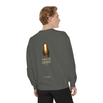 "Let There Be Light" Genesis 1:3 Graphic Crewneck Sweatshirt — Unisex Cozy Fleece Pullover