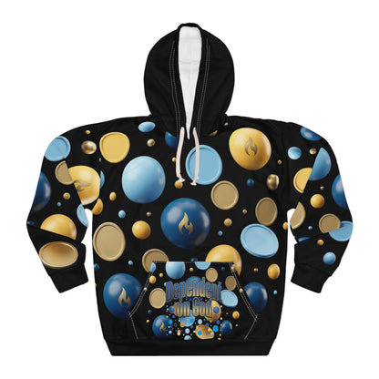 "Dependent on God" Blue &amp; Gold Bubble Print Pullover Hoodie — Unisex Graphic Sweatshirt