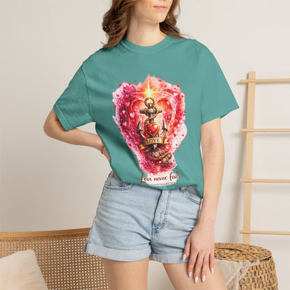 "Love Never Fails" Anchor Heart Graphic Tee — Unisex Cotton T-Shirt