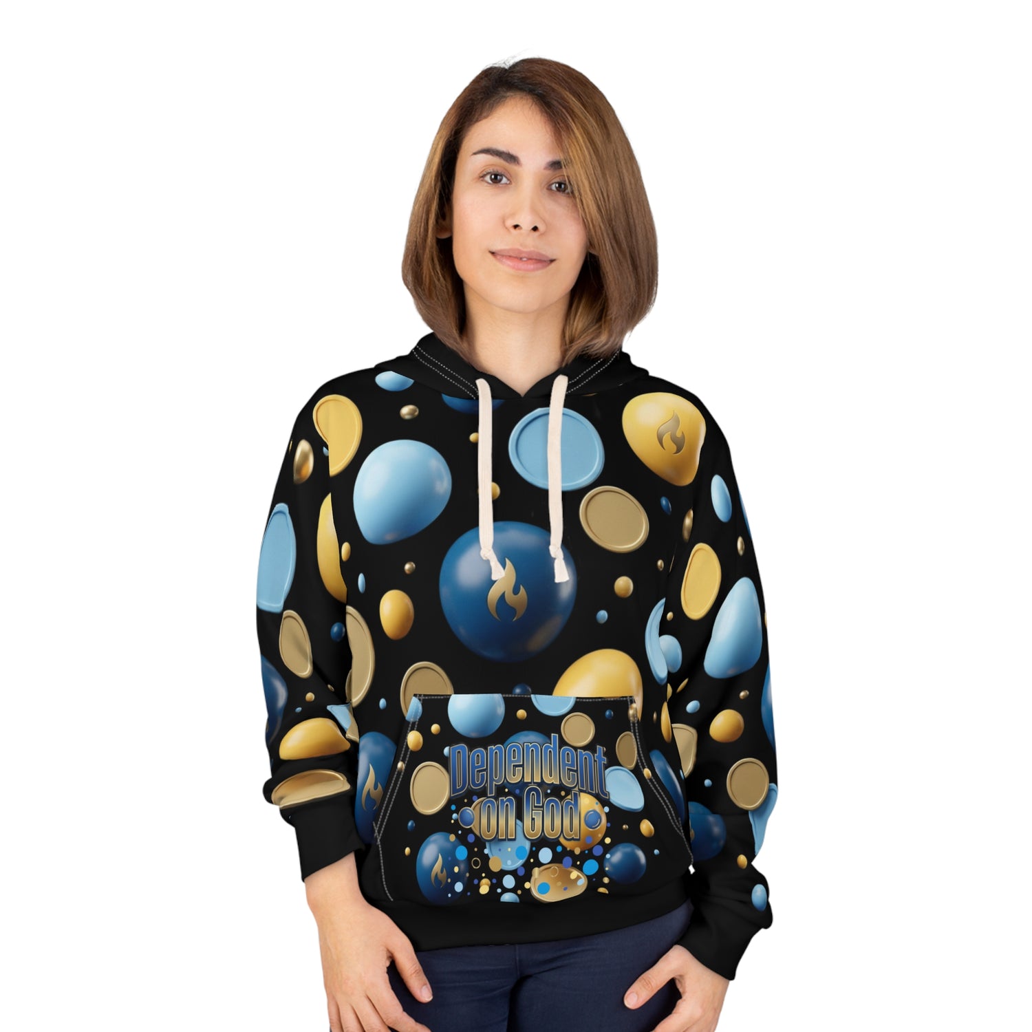 "Dependent on God" Blue &amp; Gold Bubble Print Pullover Hoodie — Unisex Graphic Sweatshirt