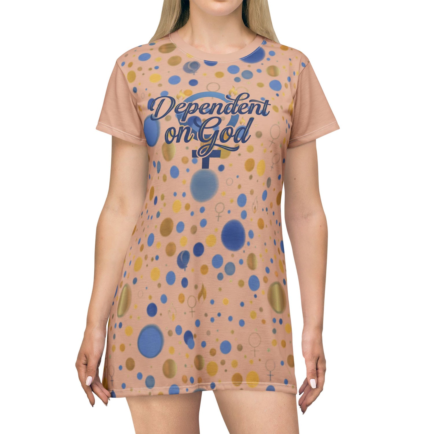 "Dependent on God" Peach Polka Dot All-Over Print T-Shirt Dress — Women&