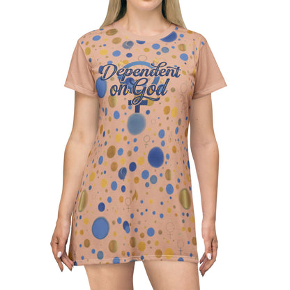 "Dependent on God" Peach Polka Dot All-Over Print T-Shirt Dress — Women&