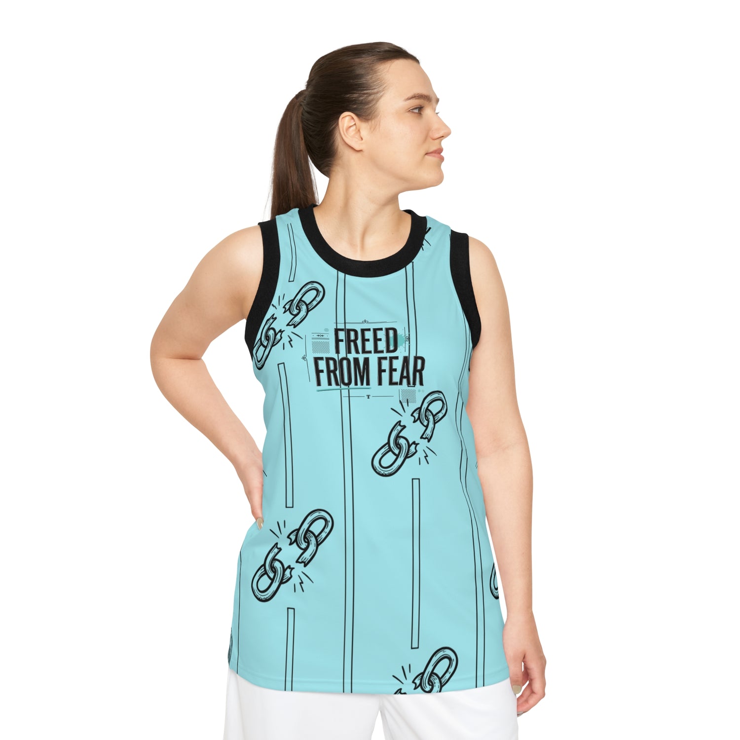 "Freed From Fear" Aqua Chain Break Graphic Basketball Jersey — Unisex Athletic Tee