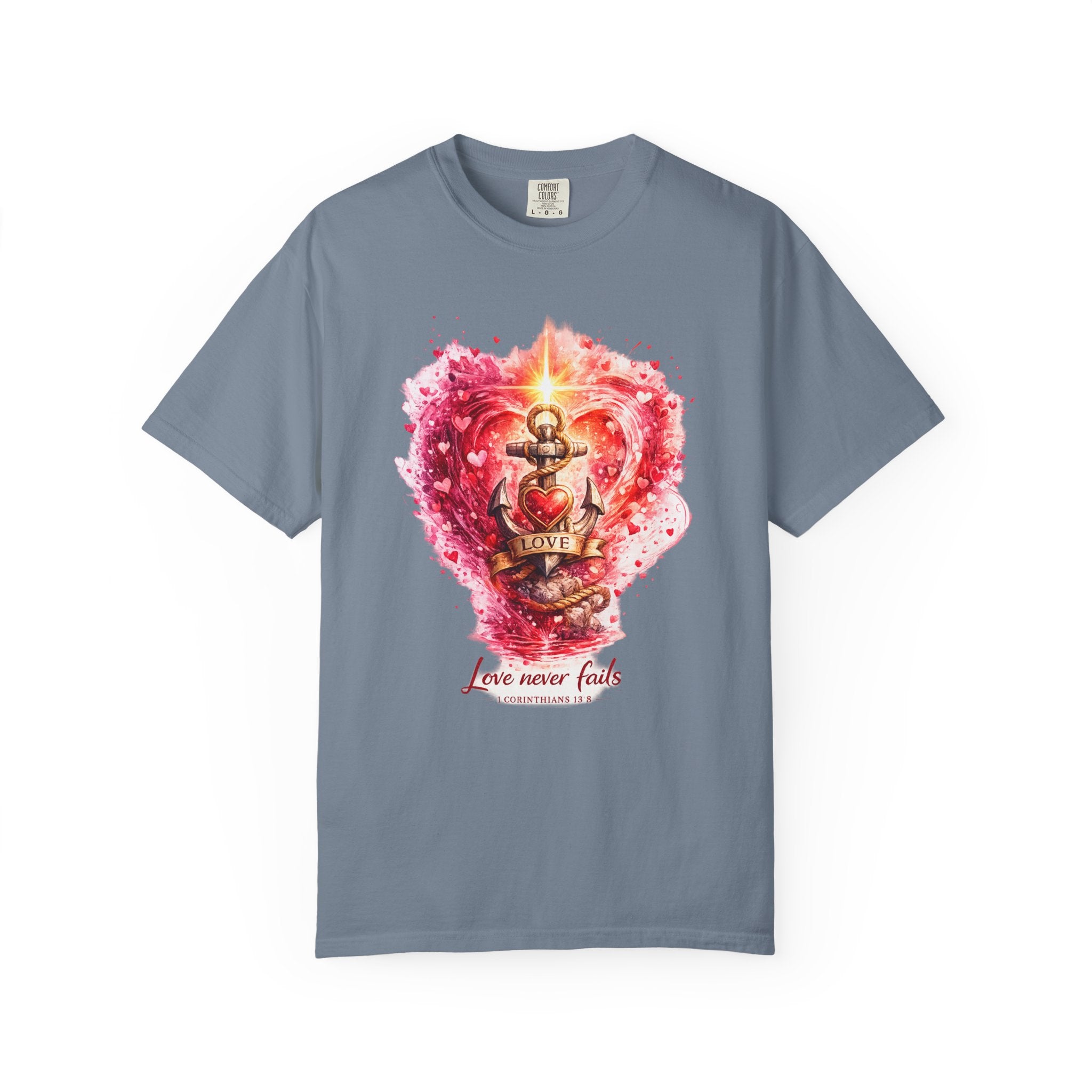 Love Never Fails Graphic Tee — Anchor Heart Print