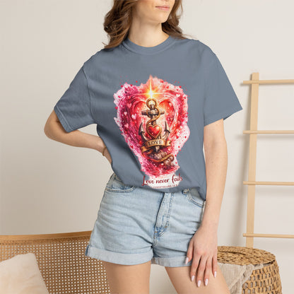 "Love Never Fails" Anchor Heart Graphic Tee — Unisex Cotton T-Shirt