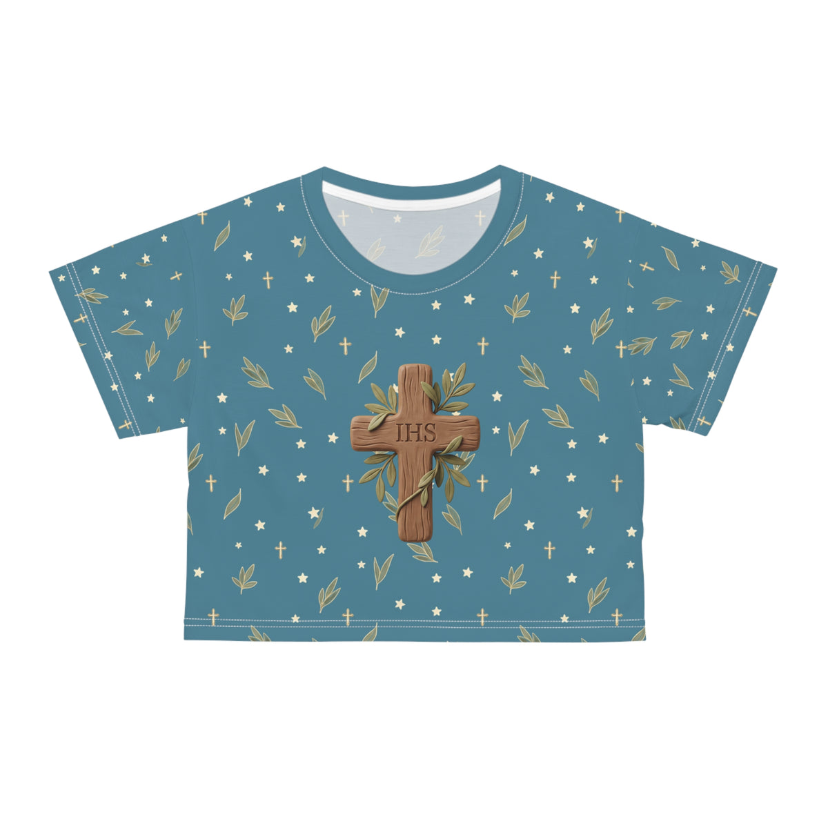 Crop Tee — Wood Cross "IHS" Olive Pattern