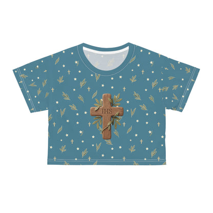 Crop Tee — Wood Cross "IHS" Olive Pattern