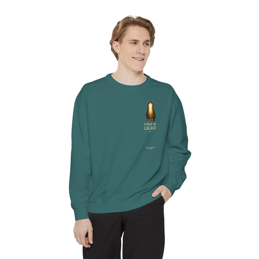 Christian Crewneck Sweatshirt — "Let There Be Light" Cozy Religious Light Figurine Sweatshirt