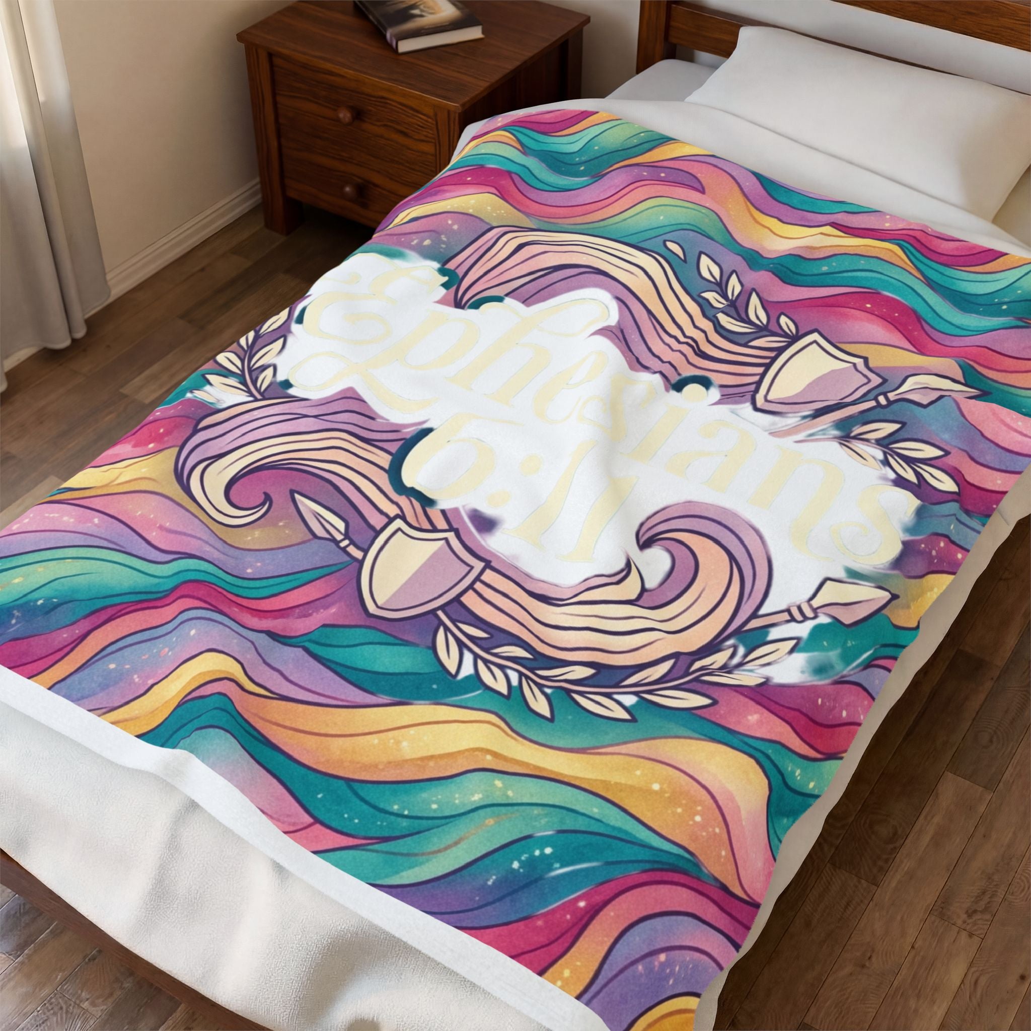 Velveteen Plush Faith Blanket - Colorful Retro Wave Ephesians 6:11 Crest Throw