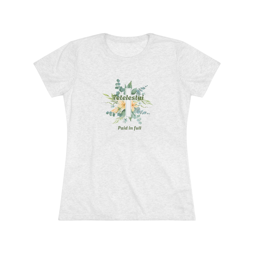 Christian Women's Tee — "Paid in Full" Tetelestai Floral Cross Faith T-Shirt