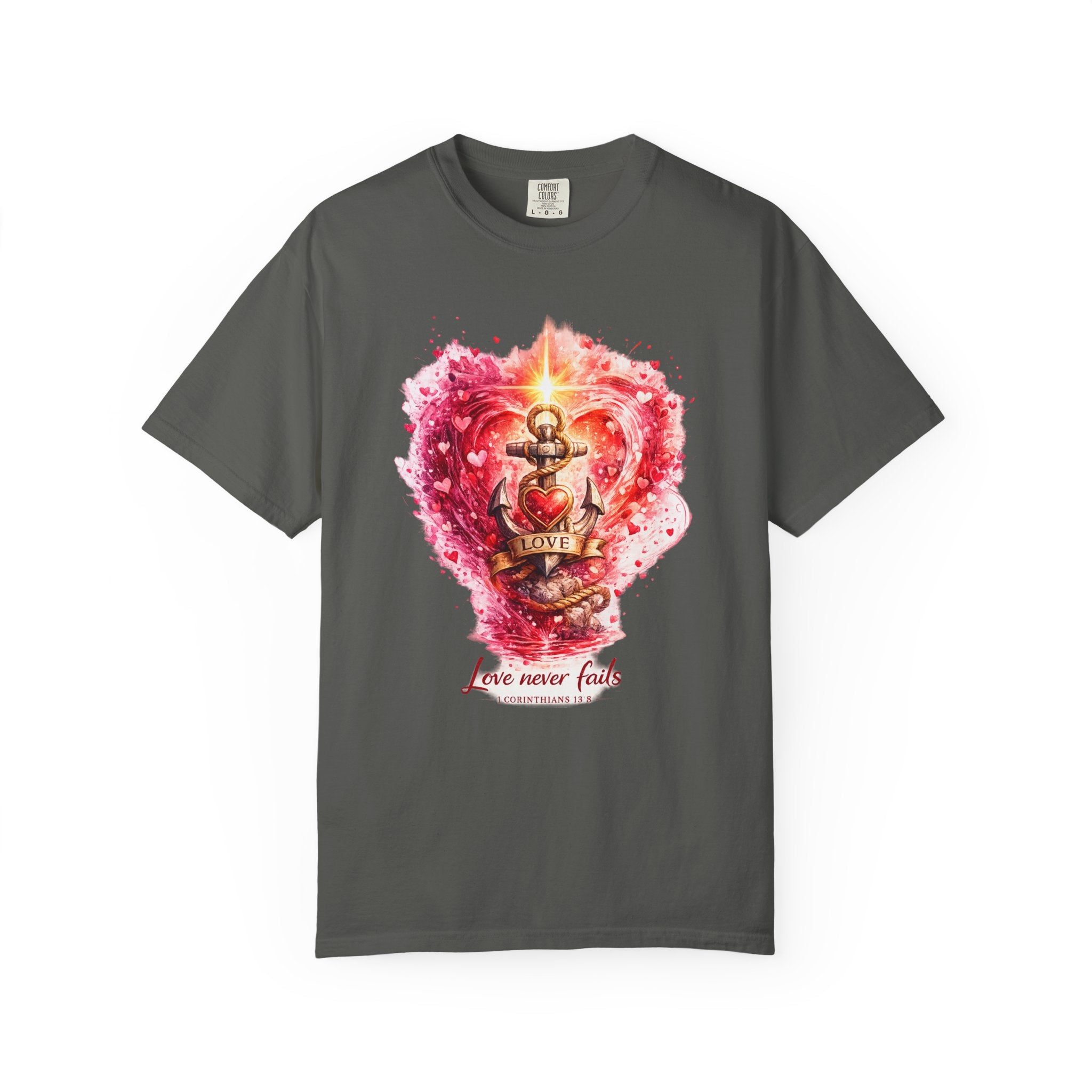 Love Never Fails Graphic Tee — Anchor Heart Print