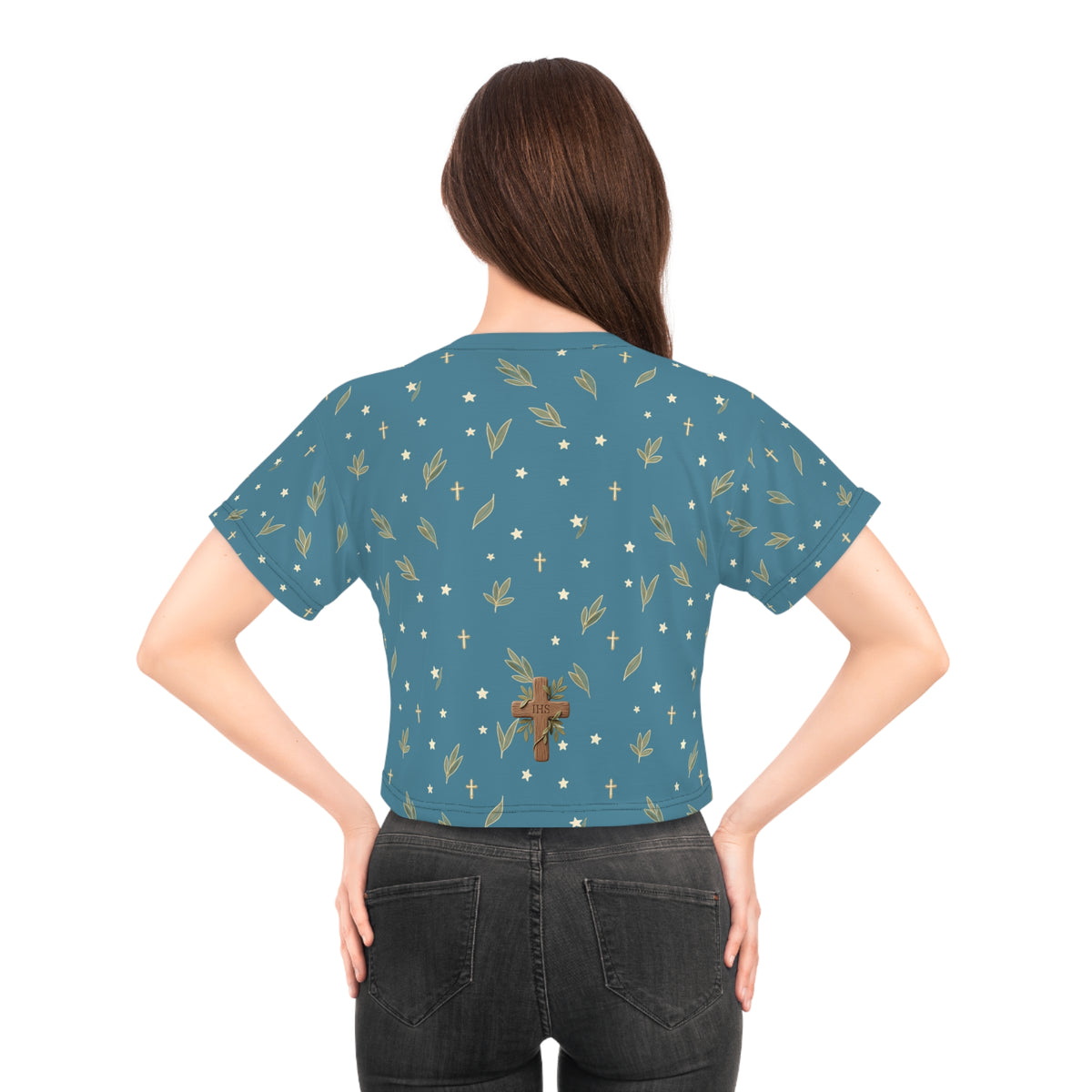 Crop Tee — Wood Cross "IHS" Olive Pattern