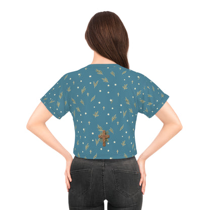 Crop Tee — Wood Cross "IHS" Olive Pattern