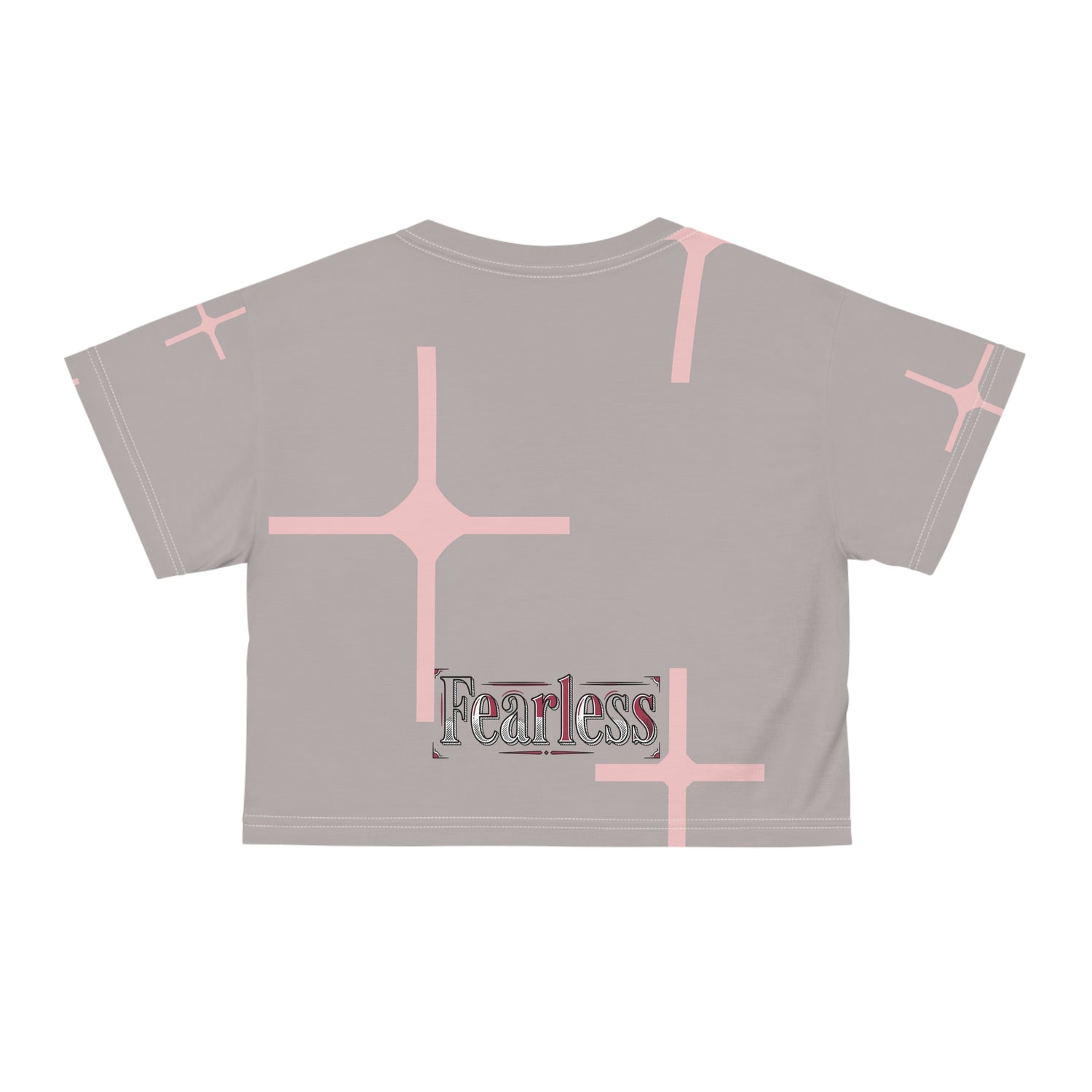 Pink cross graphic crop tee for women featuring a &