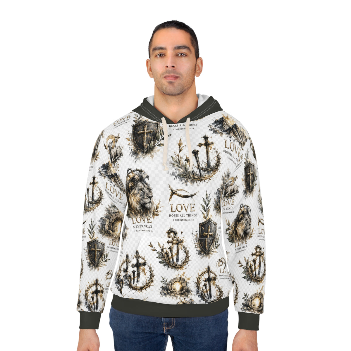 Lion &amp; Cross All-Over Print Hoodie — Unisex Pullover