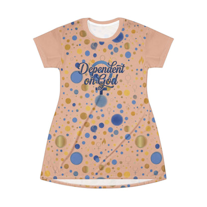 "Dependent on God" Peach Polka Dot All-Over Print T-Shirt Dress — Women&