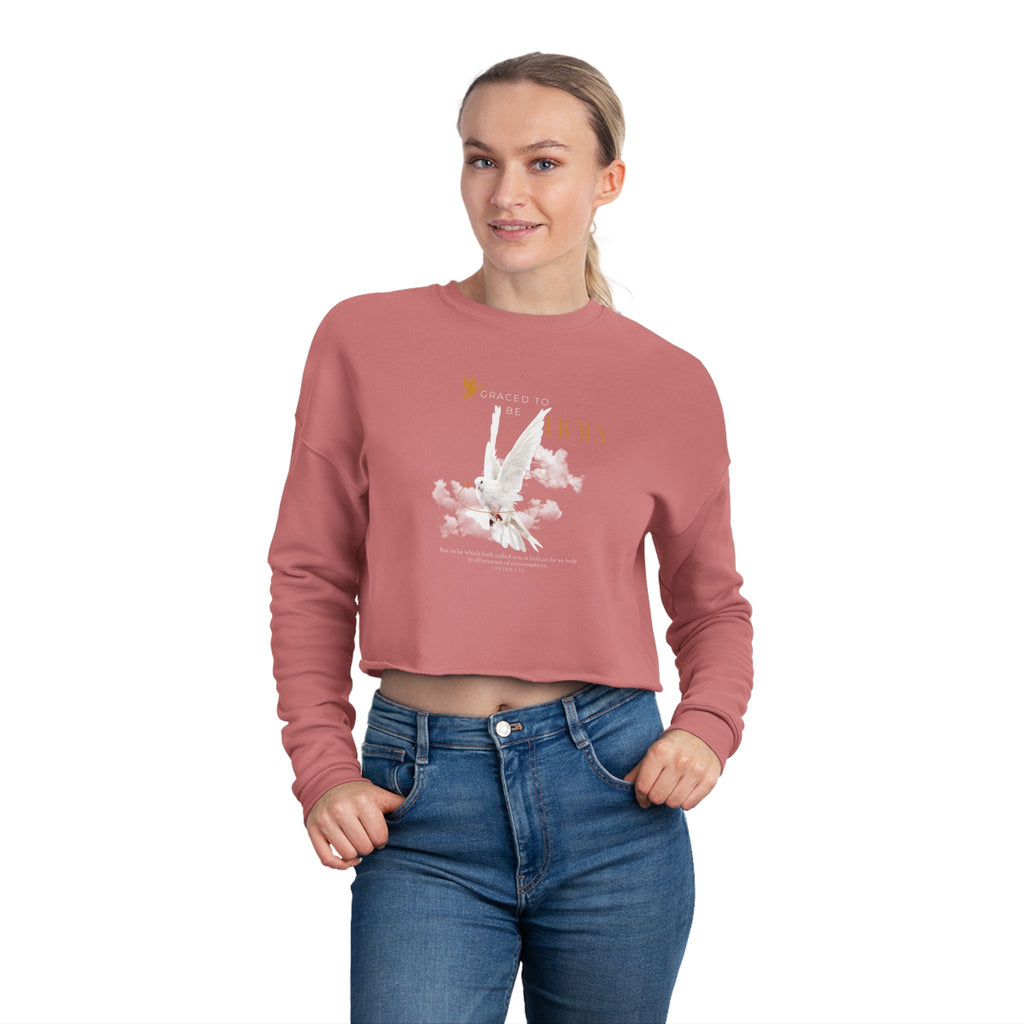 Christian Cropped Sweatshirt — "Created to Be Holy" Dove in Cloud Graphic