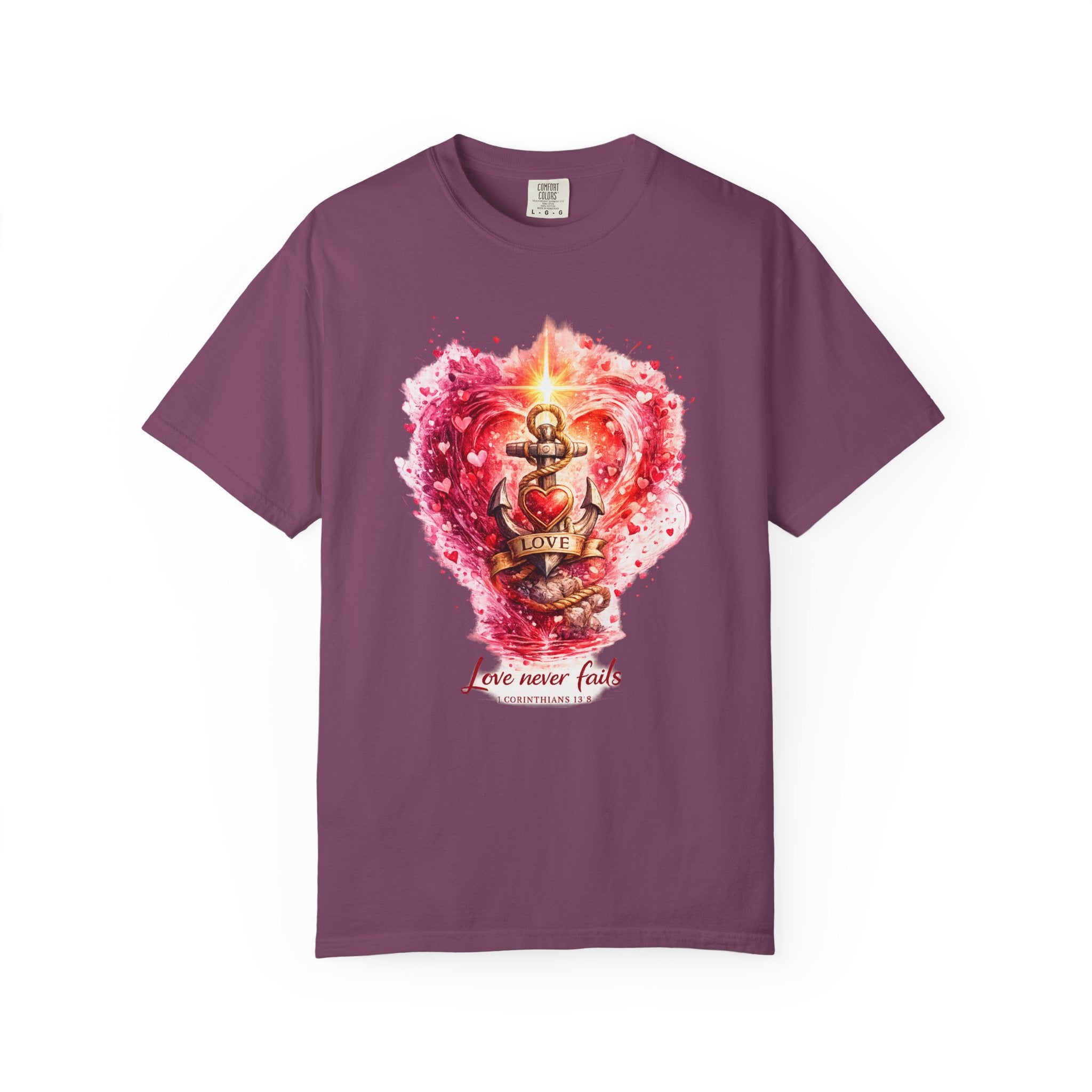 Love Never Fails Graphic Tee — Anchor Heart Print