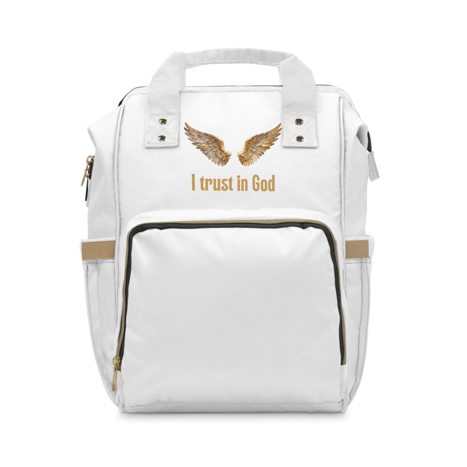 "I Trust in God" Gold Wings Diaper Backpack — Large Nylon Baby Bag for Moms