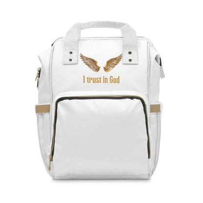 "I Trust in God" Gold Wings Diaper Backpack — Large Nylon Baby Bag for Moms