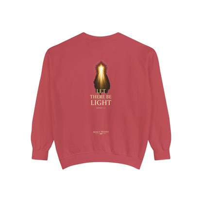"Let There Be Light" Genesis 1:3 Graphic Crewneck Sweatshirt — Unisex Cozy Fleece Pullover