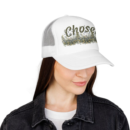"Chosen" Floral Script Embroidered Trucker Hat — Adjustable Foam Cap