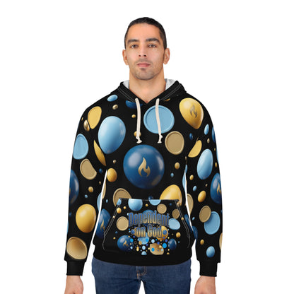 "Dependent on God" Blue &amp; Gold Bubble Print Pullover Hoodie — Unisex Graphic Sweatshirt